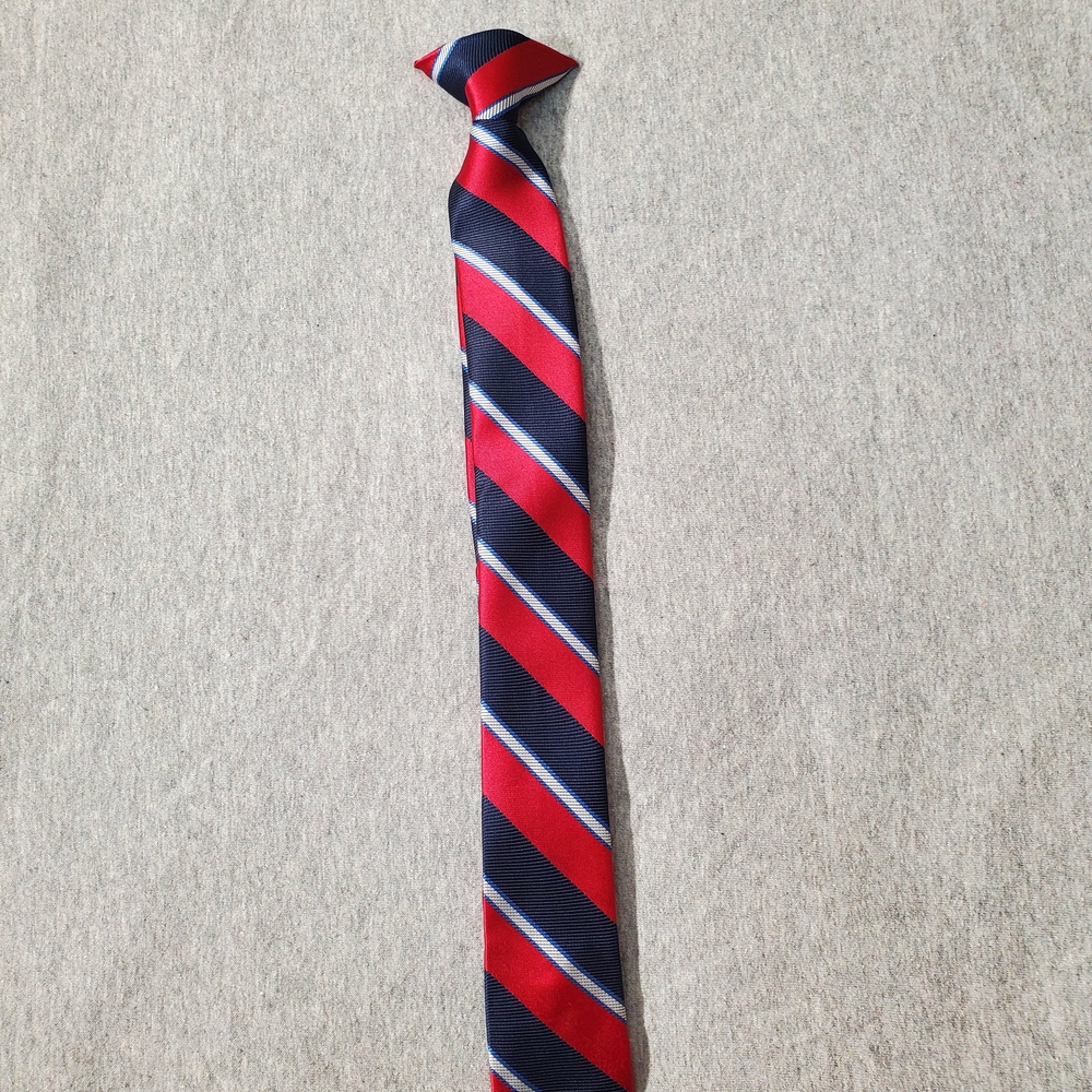 Boys Slim Red, Navy, & White Striped Clip On Tie